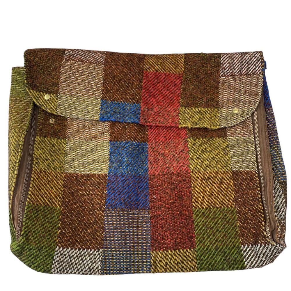 Vintage Tweed Blocked Portfolio Bag Case Side Zips Snap Closure 20"l x 15.5"h
